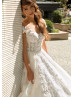 Cap Sleeves Beaded Ivory Lace Tulle Fairy Wedding Dress